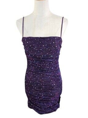 Lulu's Purple Sequin Ruched Mini Spaghetti Strap Dress NWT